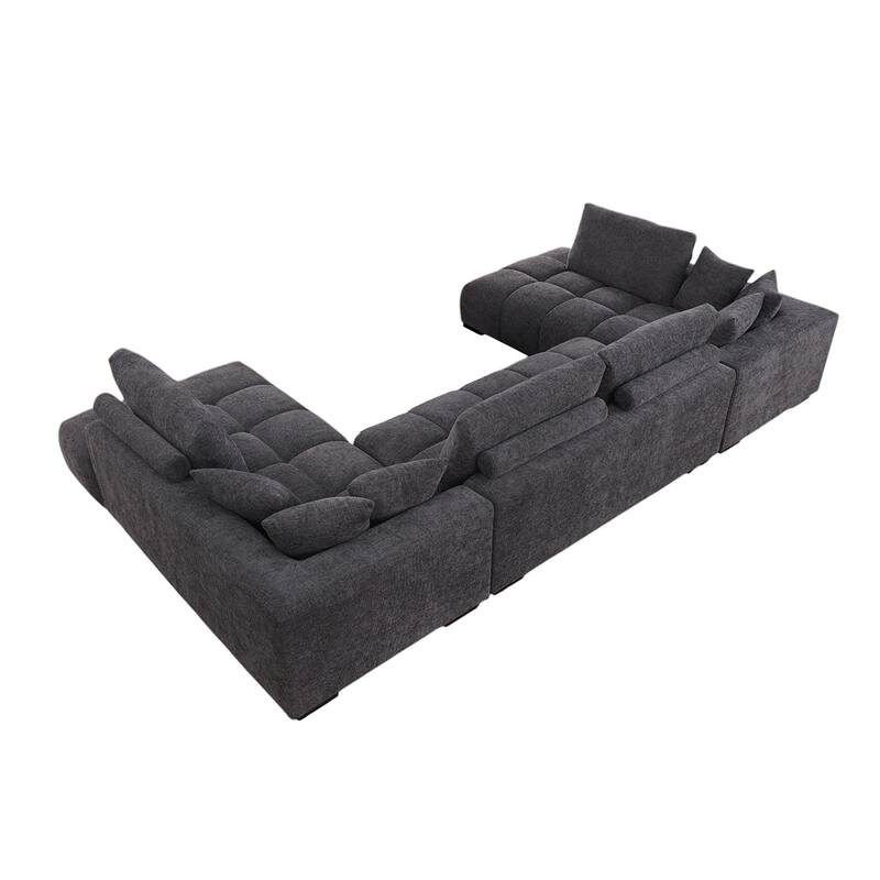 Chenille Upholstered Sectional Sofa with 6 Pillows in Gray