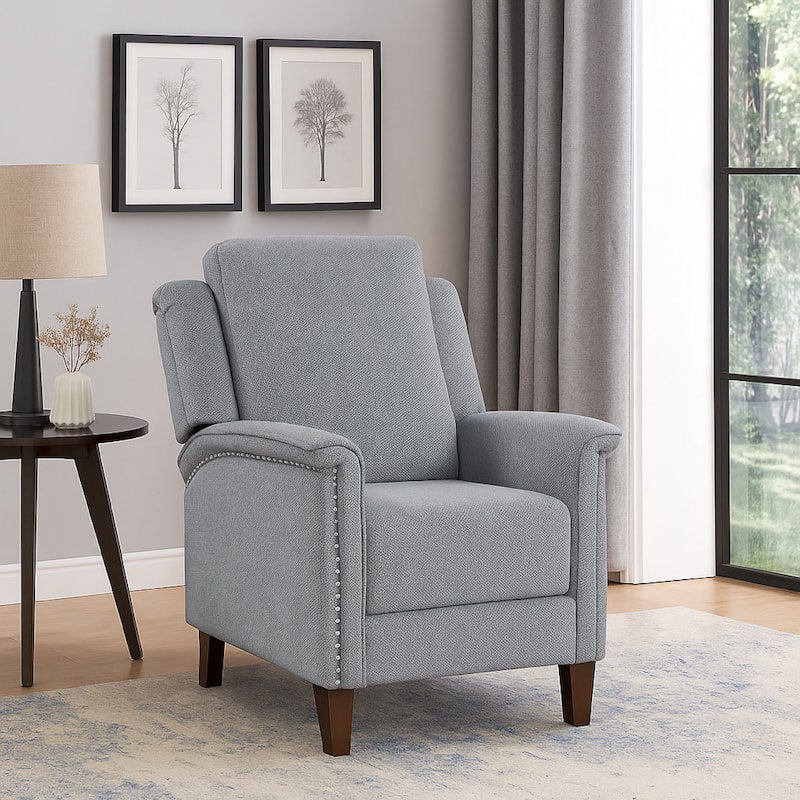 Push Back Recliner Chair, Gray Chenille, Nailhead Trim, Dark Brown
