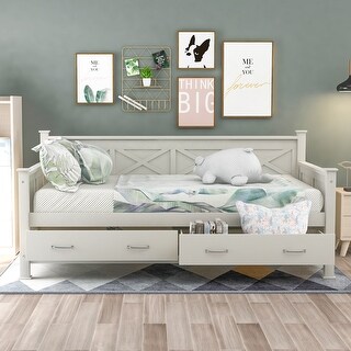 White Twin Size Daybed with 2 Large Drawers, X-shaped Frame, Modern and Rustic Casual Style