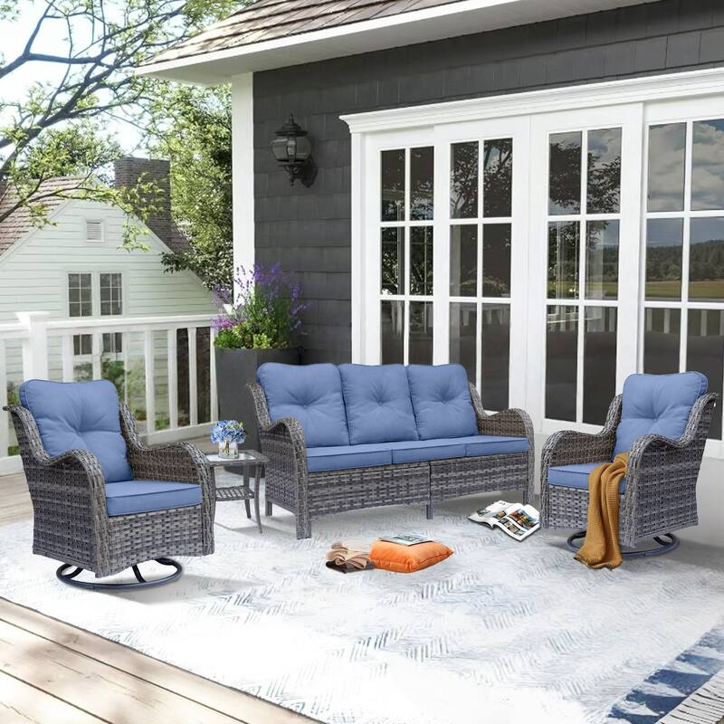 Outdoor Wicker Patio Conversation Seating Sofa Sets with Swivel Chairs - 4 Piece - Denim Blue/Gray Wicker