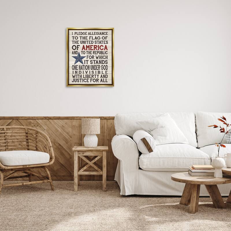 Stupell Pledge of Allegiance Stars and Stripes Americana Rustic Wood Look Sign Floater Frame - Multi-Color