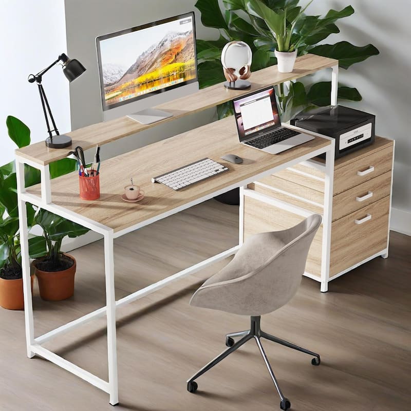 Ergonomic Computer Desk with Elevated Monitor Stand Two Tier Desktop and File Cabinet Sturdy