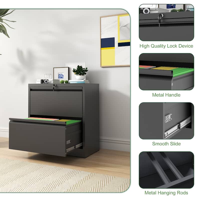 2 Drawer Lateral File Cabinet with Lock, Metal Lateral Filing Cabinet, Steel Wide Horizontal Filing Cabinets for Letter/Legal