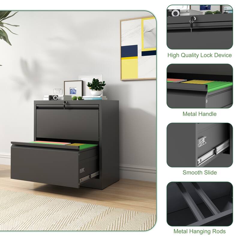 2 Drawer Lateral File Cabinet with Lock, Metal Lateral Filing Cabinet for Home Office, Steel Wide Horizontal Filing Cabinets