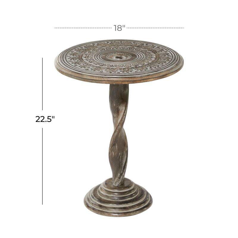 Mango Wood Floral Handmade Intricately Carved Accent Table with Spiral Leg and Gray Distressing - Brown - Roche River Decor