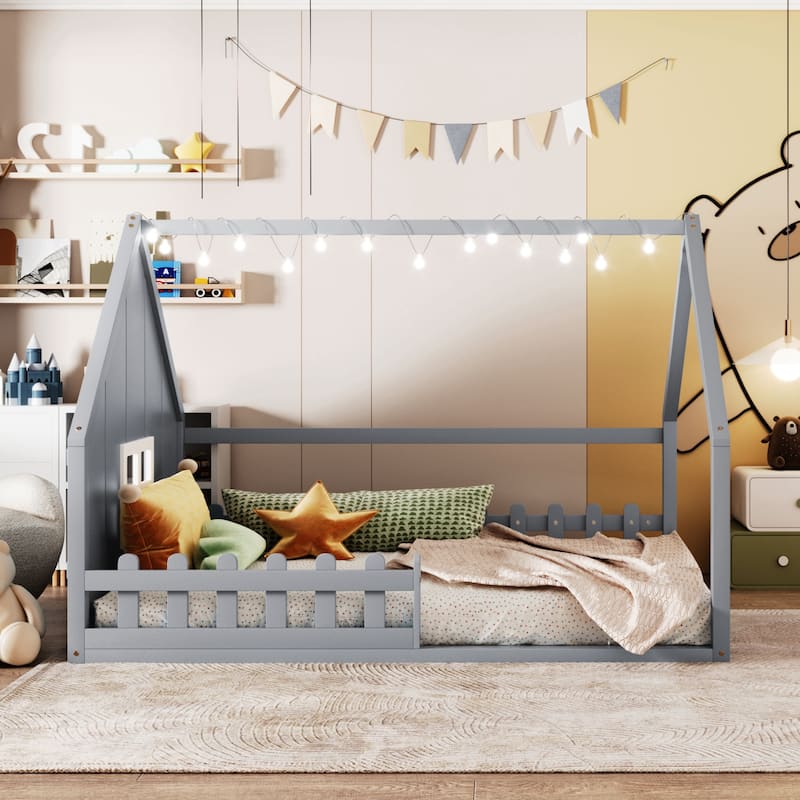 Full Size Wood House Bed with Window and Fence