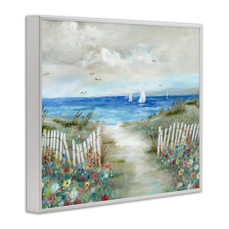 Stupell Gorgeous Beach Scene Poppies Blooming White Fence Ocean Framed Wall Art - Blue