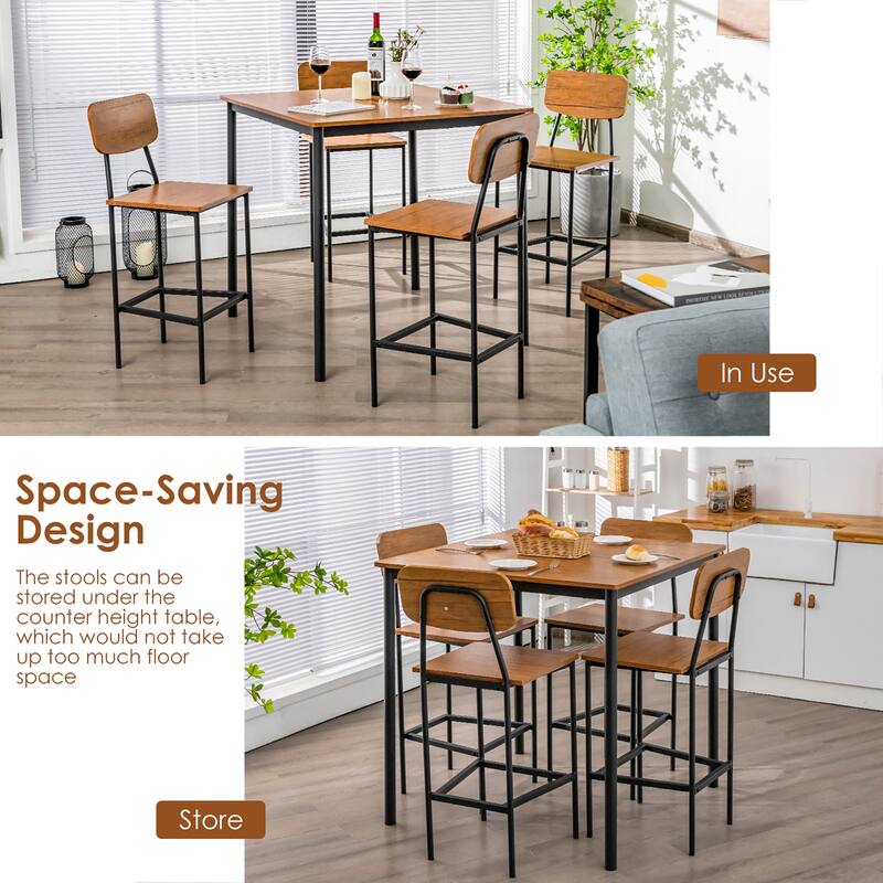 5 PCS Dining Table Set Counter Height Table and 4 Bar Stool Set