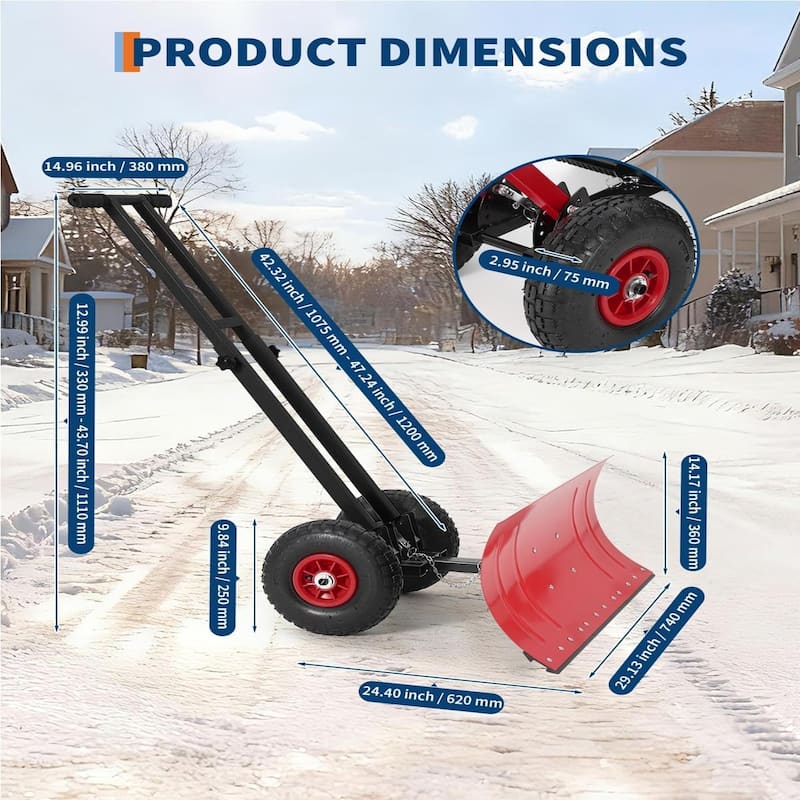 29x14 In Heavy Duty Rolling Snow Shovel With Wheels Double Armrests - 29x14 In