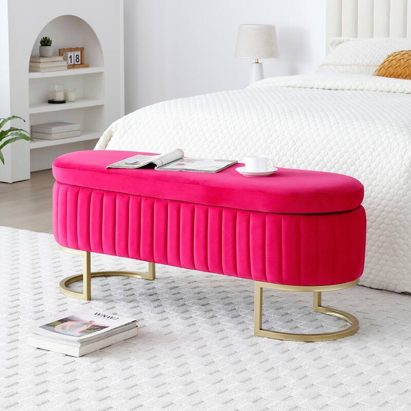 Storage Bench Bedroom Bench, Velvet Oval Upholstered End of Bed Bench with Golden Metal Legs,50" Storage Ottoman Bench - Rose Red