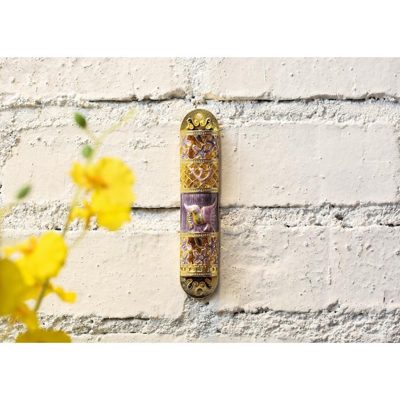Matashi Hand Painted Enamel Mezuzah Embellished with a Floral Design with Gold Accents and High Quality Crystals