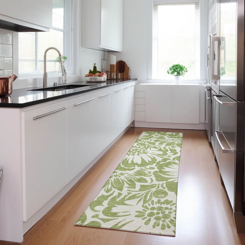 Machine Washable Indoor/ Outdoor Whimsy Floral Chantille Rug - Aloe - 2'3" x 7'6"