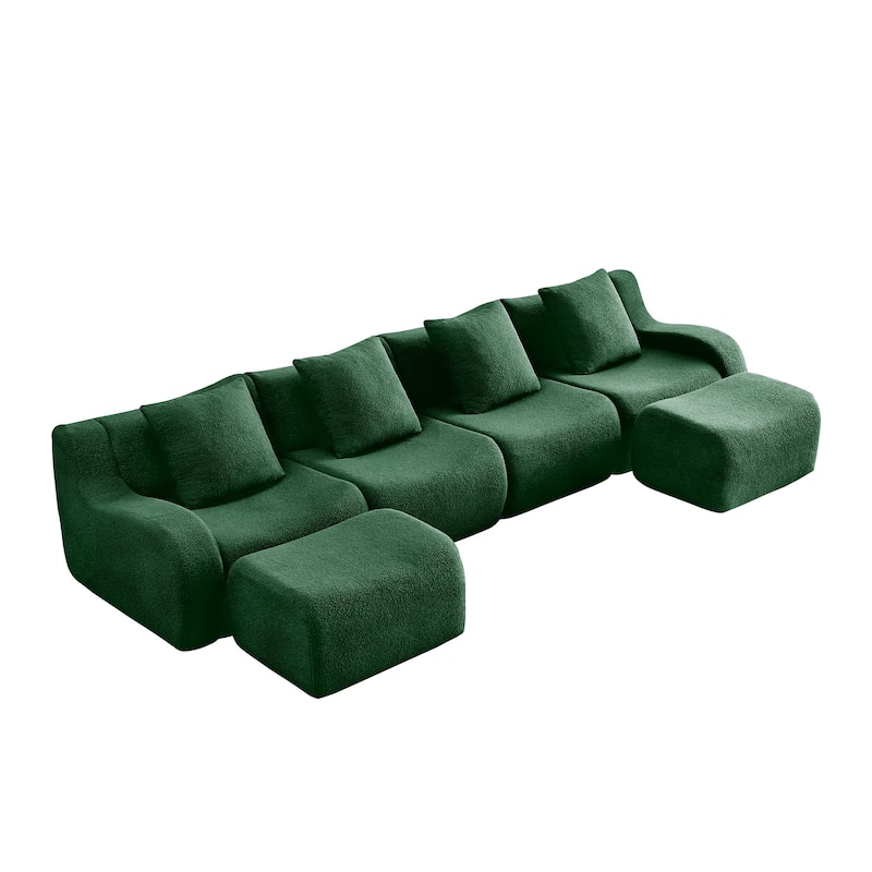 118" Modern U Shaped Modular Sectional Sofa, Boneless Couches for Living Room with Ottoman, 4 Seater Teddy Fabric Couch Sofa Set