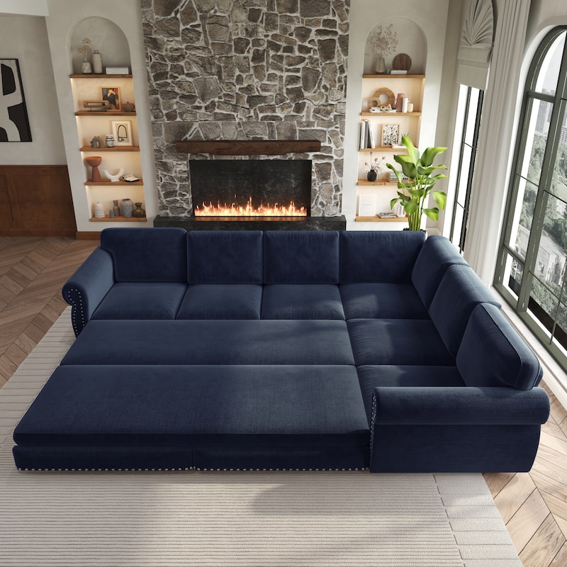 L-Shaped Sectional Sofa with Pull-Out Bed, Oversize Convertible Sleeper Sofa with Rolled Arms, Chenille Upholstery