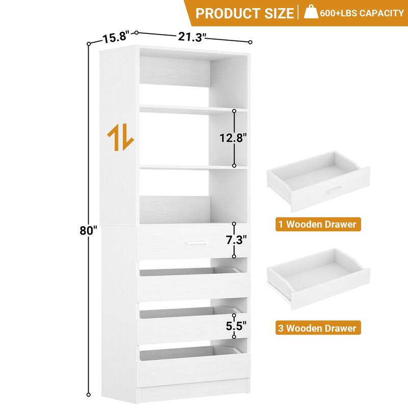 21.3" Storage Cabinet Bookshelf with Charging Station and 3 Wood Drawers, Freestanding Closet System with Storage Shelves