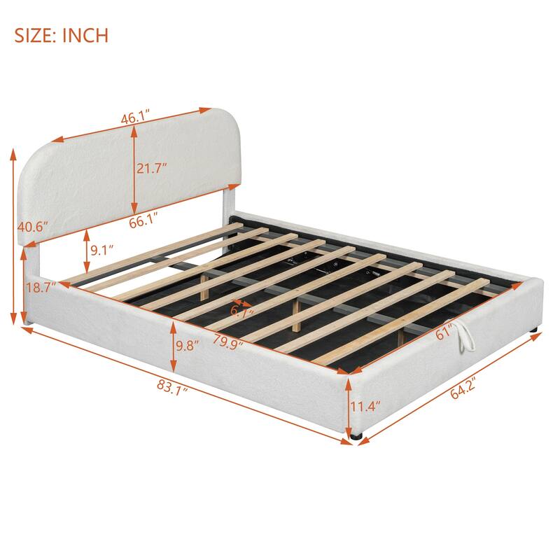 Queen Size Upholstered Platform Bed with Hydraulic Storage System, White