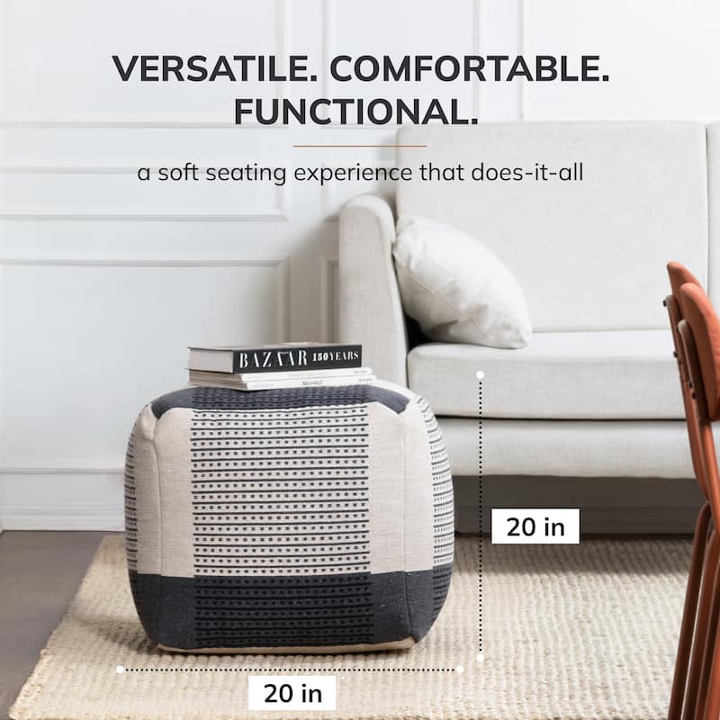 Jani Carrapateira 20-inch Black & Ivory Square Pouf Ottoman - Handmade Footrest for Living Room, Bedroom, Nursery