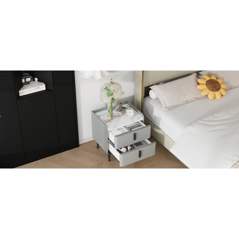 Modern 2-Drawer Nightstand with Marble-Pattern Top - Bedside/End Table for Bedroom/Living Room (Gray)