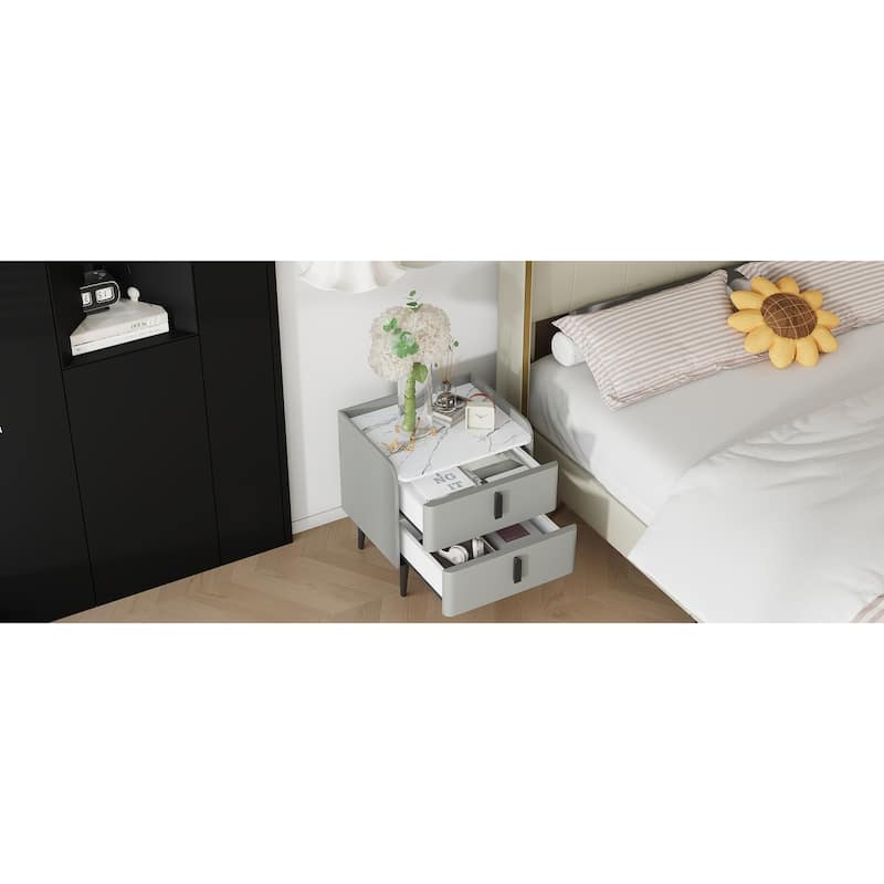 Nightstand with 2 Drawers & Support Legs, Coffee Table with Marble Pattern Tabletop, Large Capacity Sofa Side Table