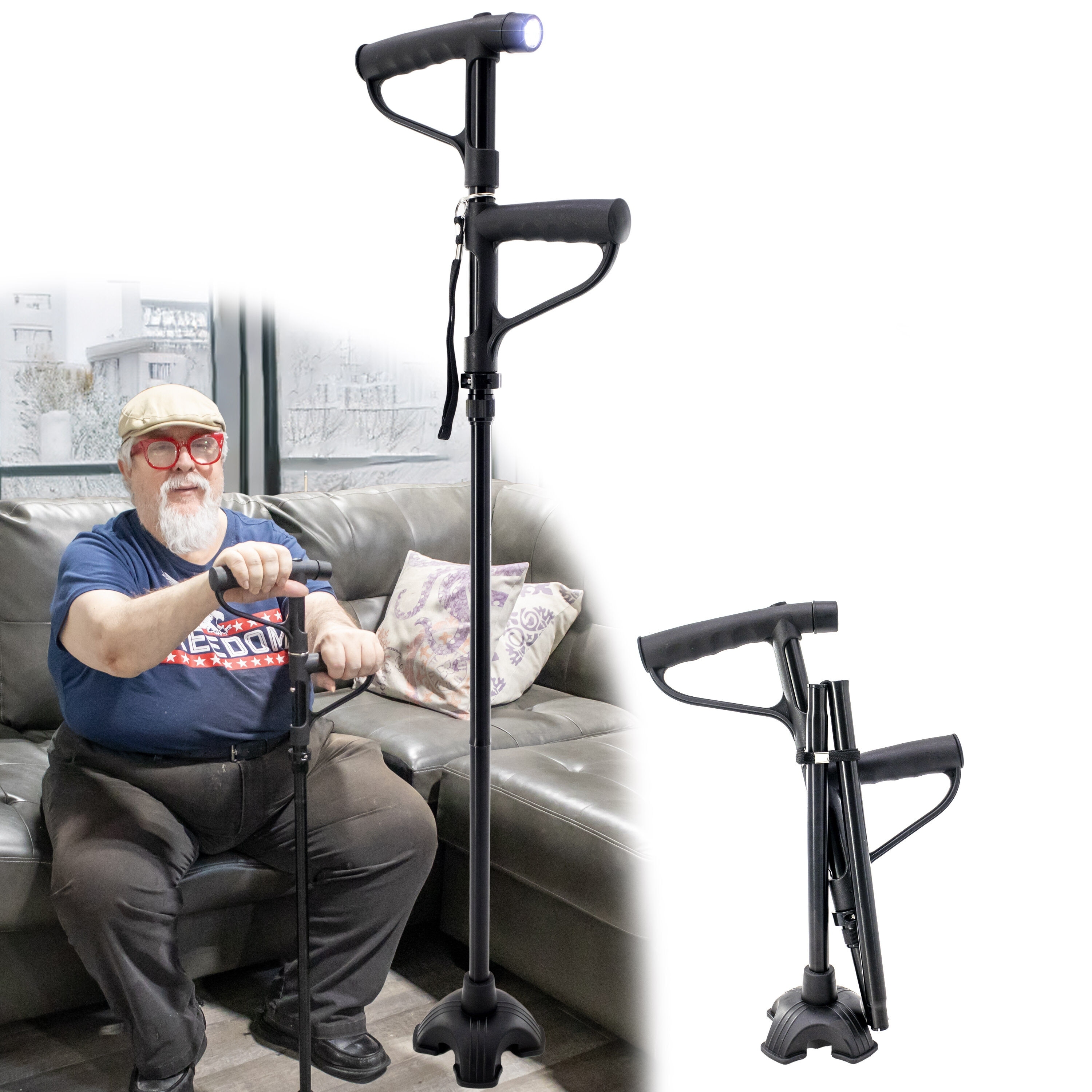 Folding Walking Cane with LED Light w/ Extra Rotating
