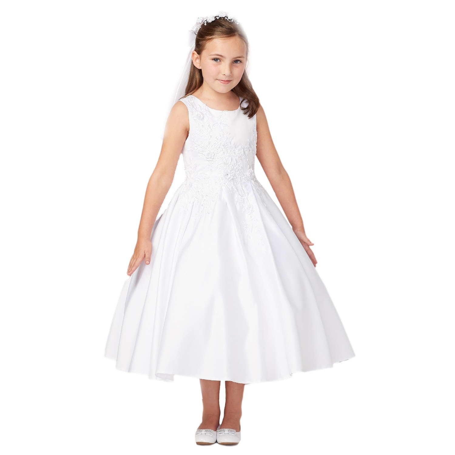Tip Top Kids Little Girls Ivory Floral Embroidery Sleeveless Flower Girl Dress