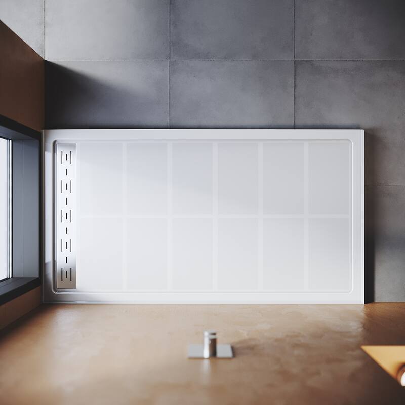 Elegant Rectangular SMC Shower Base 60" L x 32" W x 4" H Right Drain in White with Cover Single Threshold Anti-slip Shower Pan