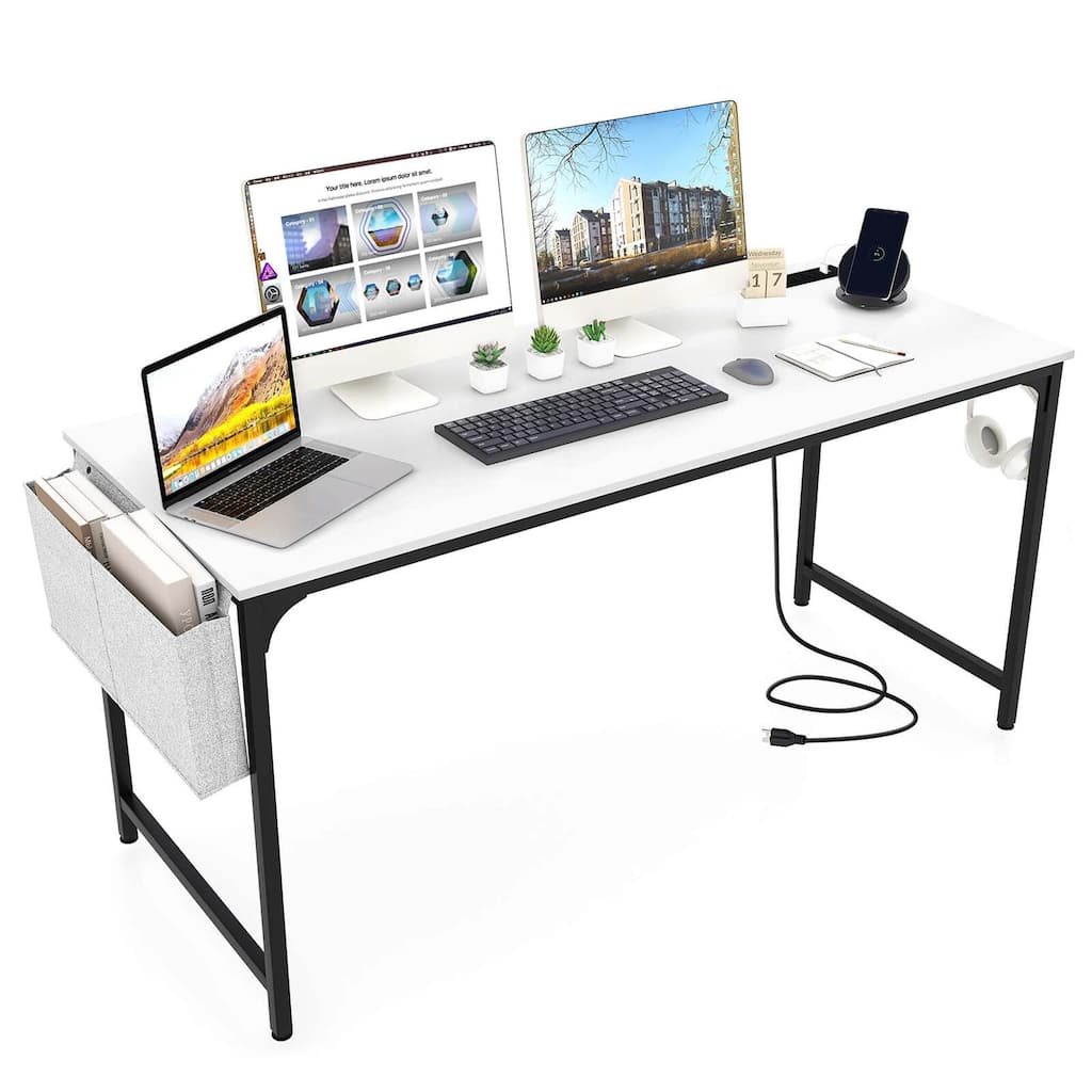 Costway 60" Modern Computer Desk with Charging Station with Storage