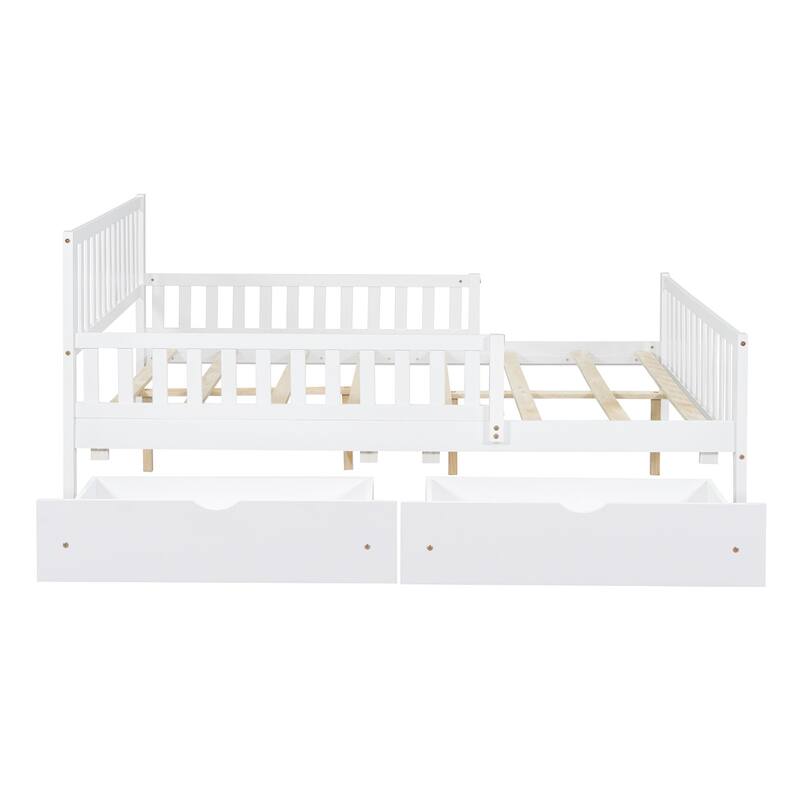 Solid Wood Platform Bed Frame with Guardrail, Drawer