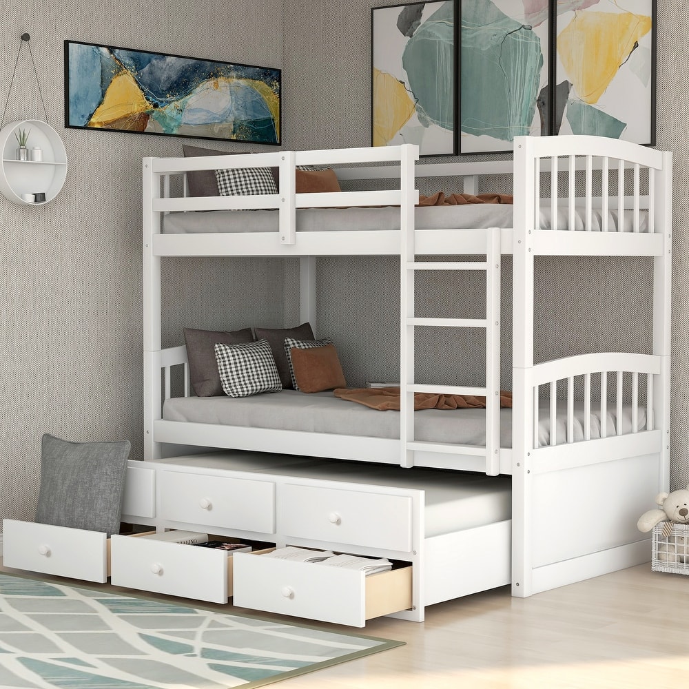 Bunk Bed with Ladder, Safety Rail, Trundle Bed with 3 Drawers