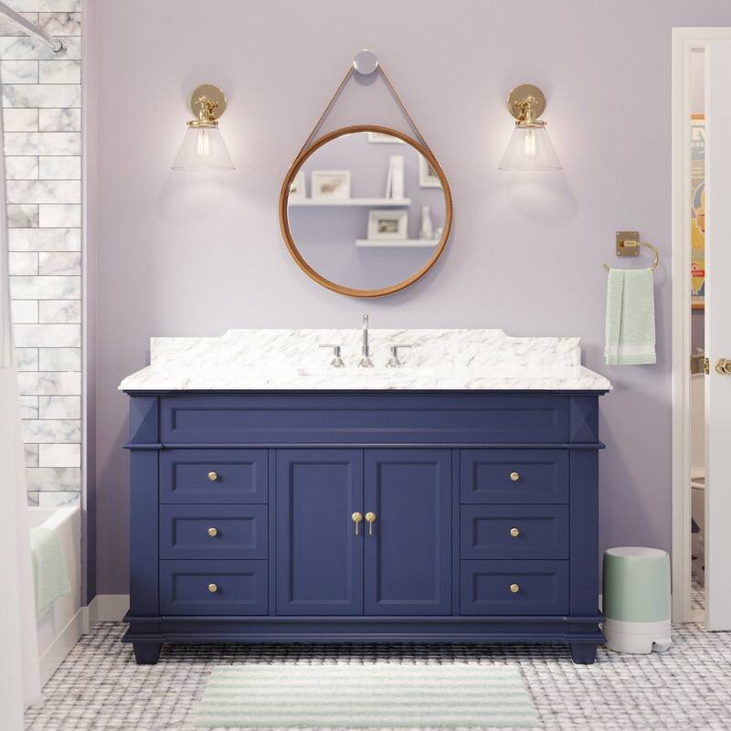KitchenBathCollection Elizabeth 60" Single Bathroom Vanity with Carrara Marble Top - Royal Blue