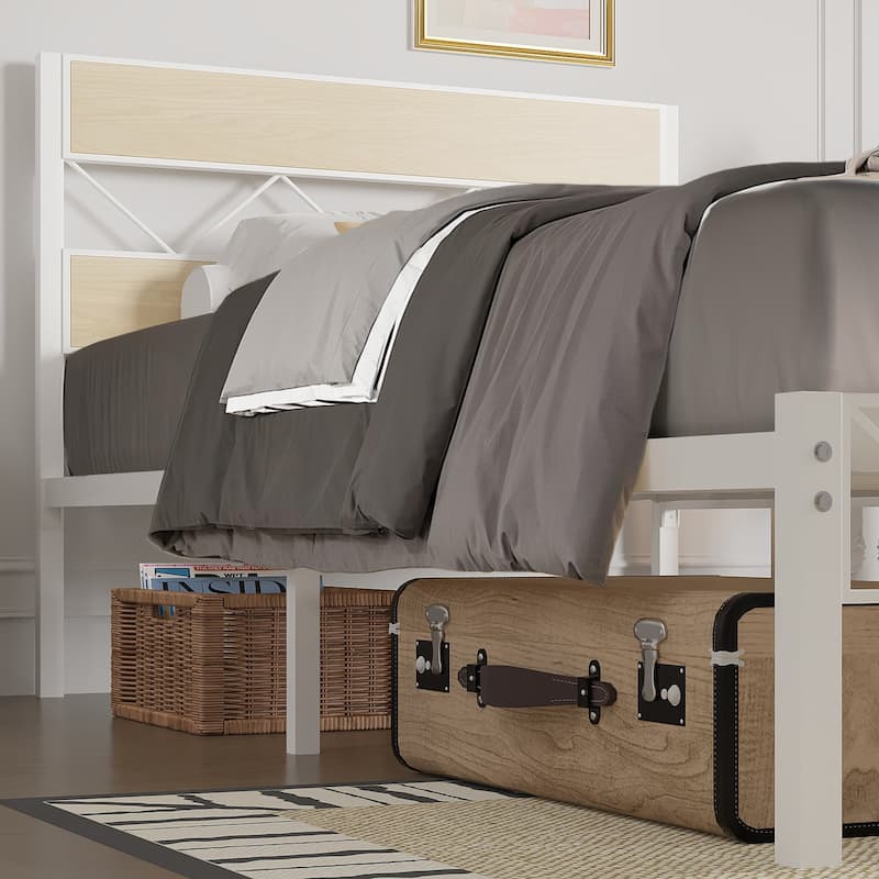 Metal Bed Frame with Brown Wooden Headboard, No Box Spring Needed