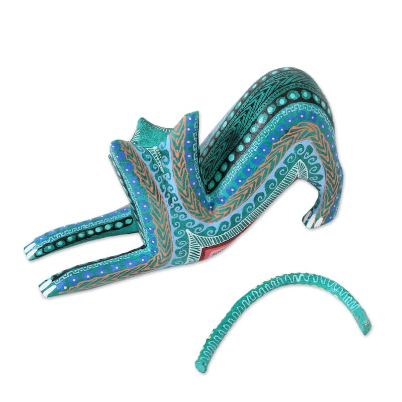 Novica Handmade Cat Stretch Wood Alebrije Figurine - 3.9" H x 5.25" W x 1.5" D