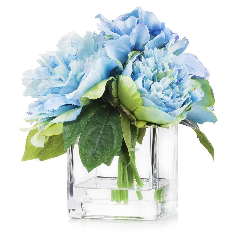 Enova Home Mixed Artificial Silk Roses Peony and Hydrangea Fake Flowers Arrangement in Cube Glass Vase with Faux Water - N/A - Blue