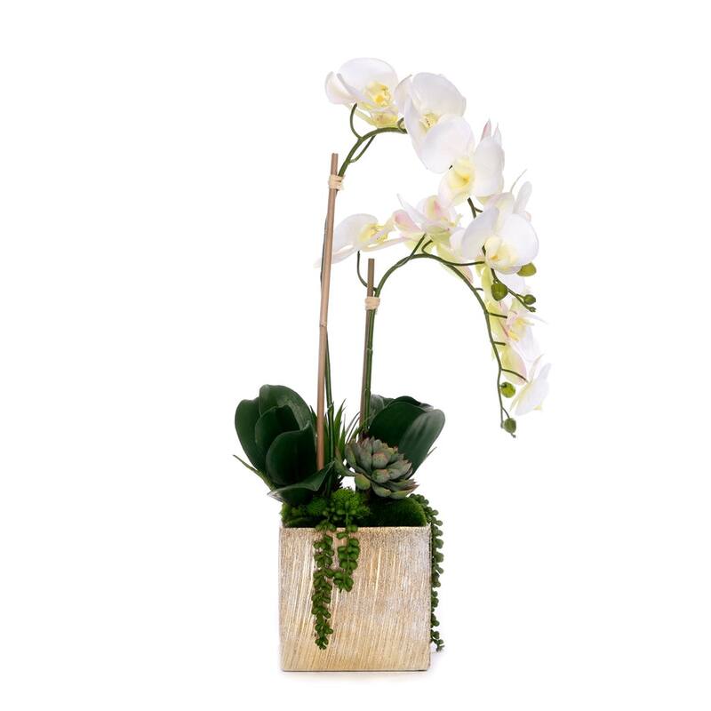 Real Touch Orchid Flower Arrangement in Cube Nickel Pot - White