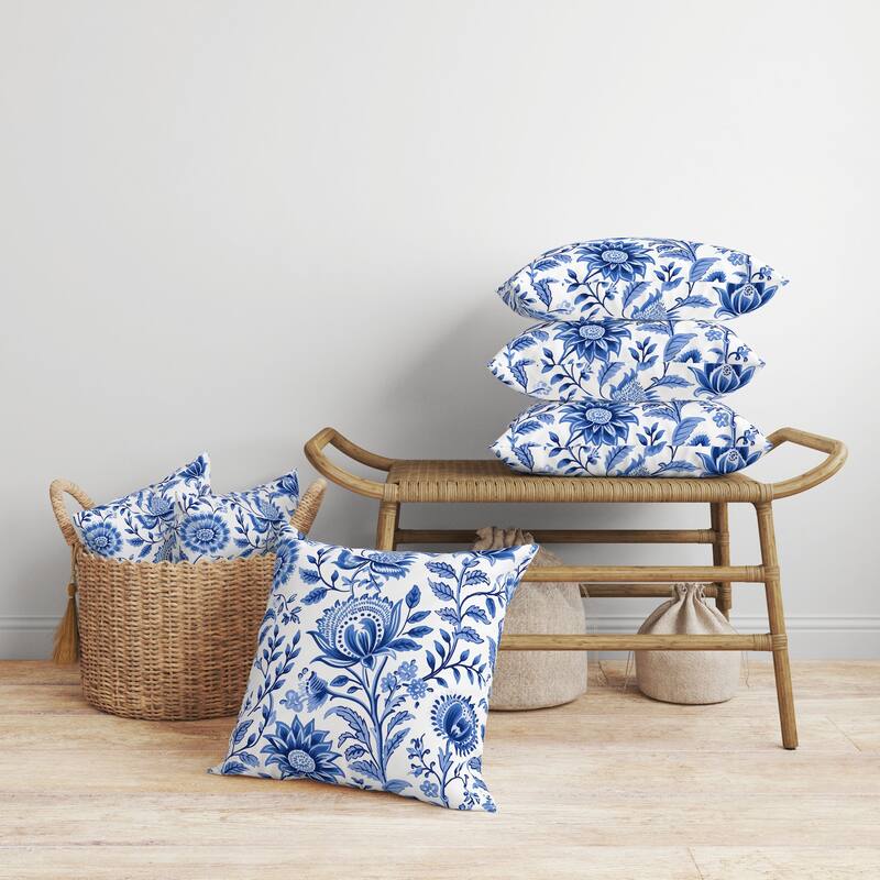 Sanganeri Block Print Faux Suede Reversible Throw Pillow Blue and White