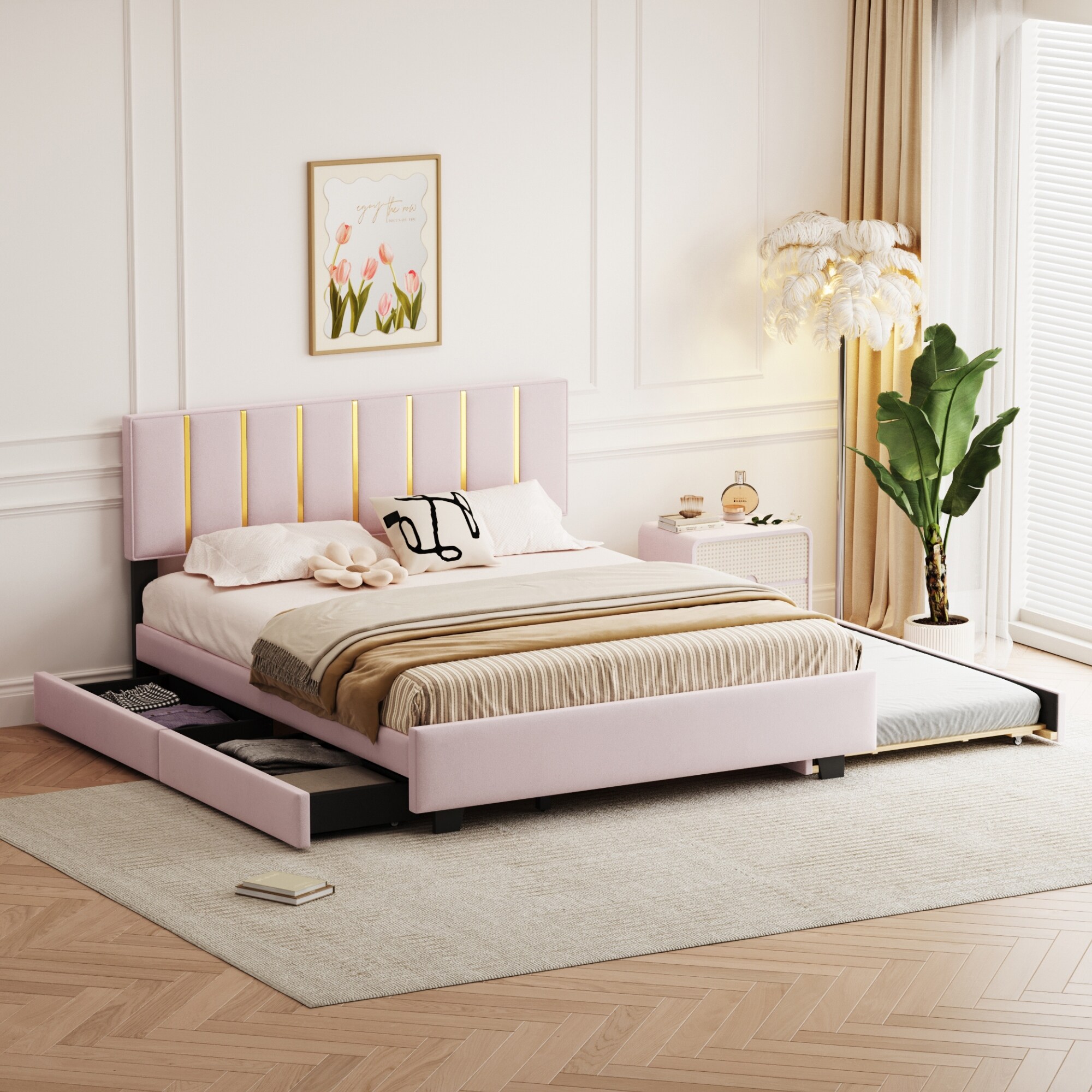 Queen Velvet Bed with Trundle Drawers Pink Upholstery On Sale Bed Bath Beyond 41262621