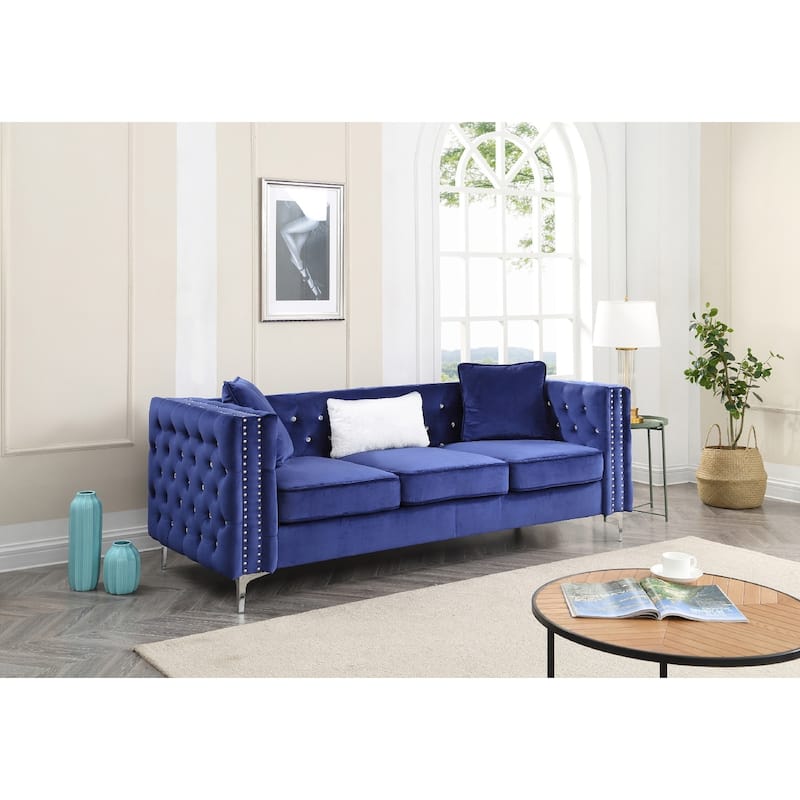 Tufted Faux Diamond Button Velvet 3-Seater Sofa with Throw Pillows - 86" - Blue