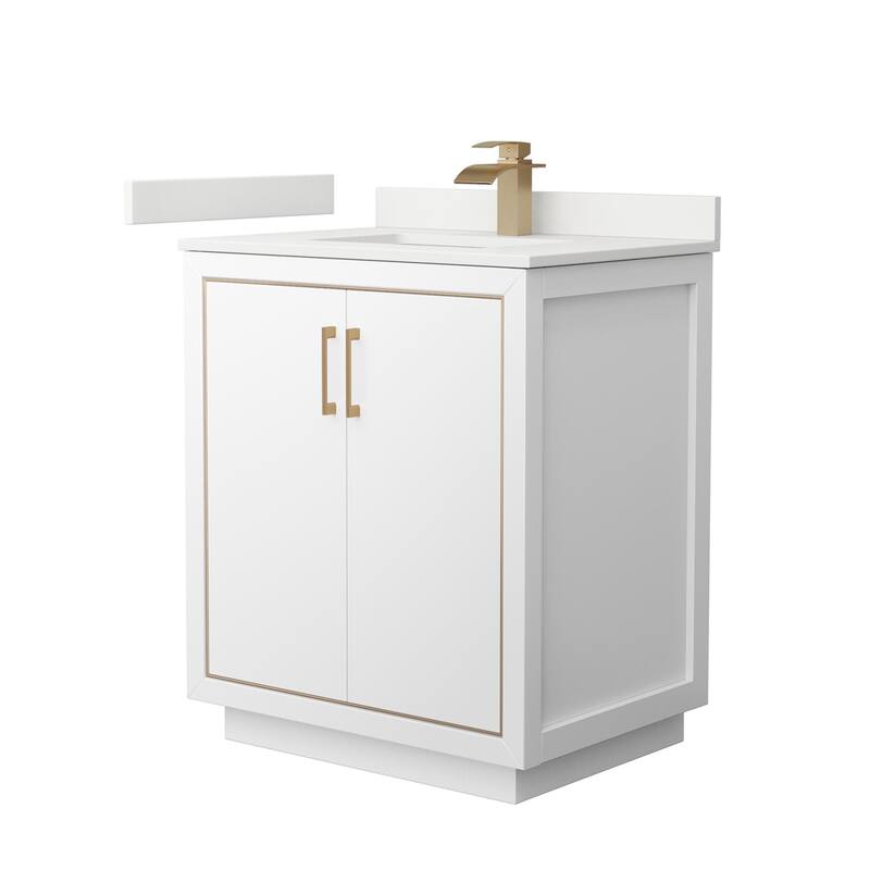 Wyndham Collection WCF111130S-QTZ-UNSMXX Icon 30" Free Standing Single - White / White Quartz Top / Satin Bronze Hardware