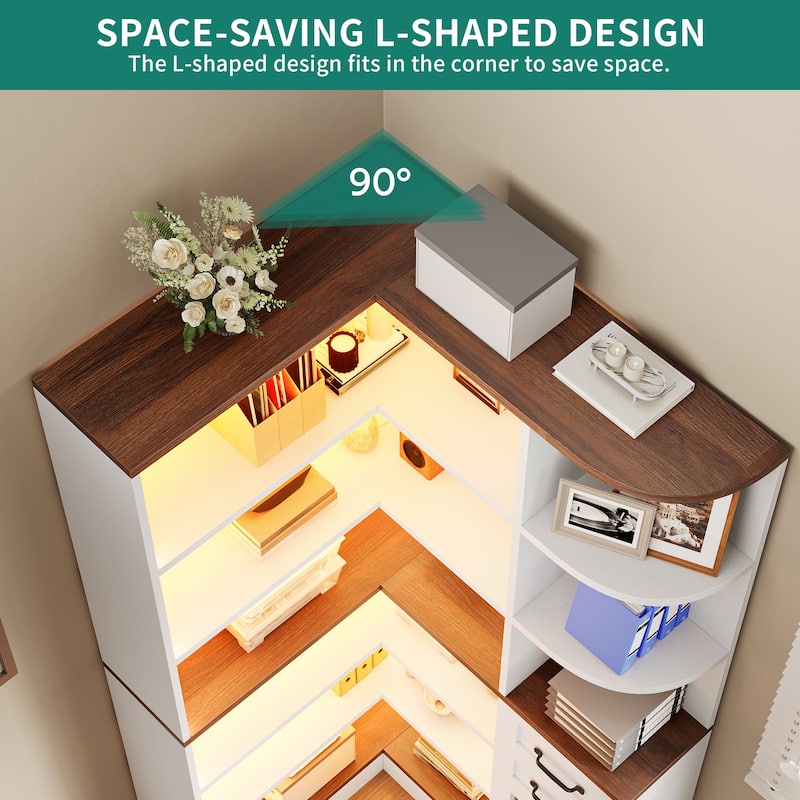 Moasis Modern 6-Tier Corner Bookshelf, 70.9 Inch Industrial Bookcase with Drawers