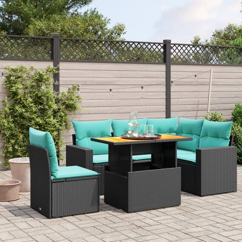 vidaXL Patio Sofa Set with Cushions Outdoor Furniture 6 Piece Poly Rattan - 24.4" x 24.4" x 27.2" - Black 2x middle + table + 1x corner