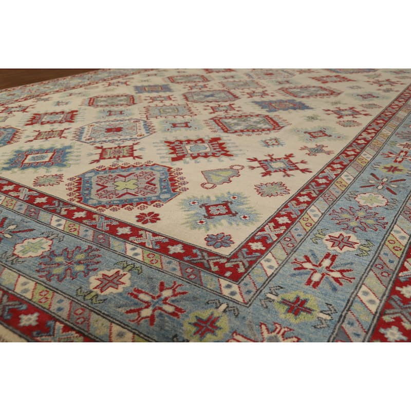 Hand Knotted Oriental 100% Wool Carpet Traditional Geometric Beige & Ivories Kazak Area Rug - 12' 0'' X 9' 1''