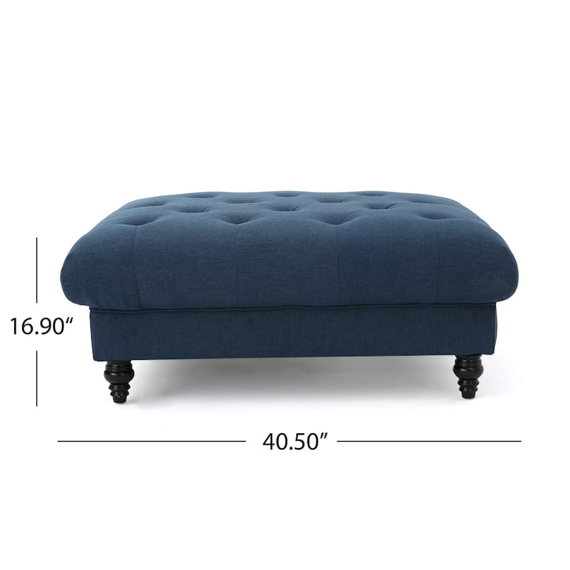 Capri Ottoman, Tufted Navy Blue Fabric, Birch Wood, Square 41 Inch