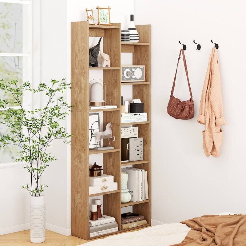 Gymax 11-Tier Bookcase w/Anti-Tipping Kits Wood Display Shelf