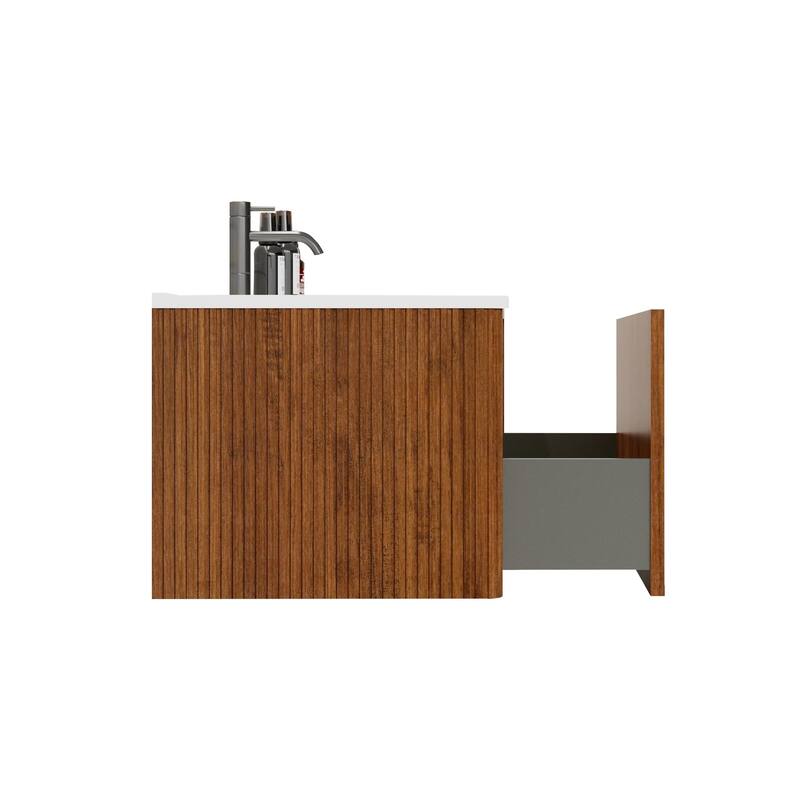 24 Inch Striped Walnut Bathroom Vanity with White Ceramic Sink,Wall Mounted Floating Bathroom Vanity for Modern Bathroom