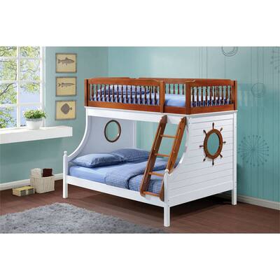 Nautical, Coastal Style Bunk Bed (Twin/Full),Supporting Slat System And Decorative Finials,Oak & White(80" X 58" X 69"H)
