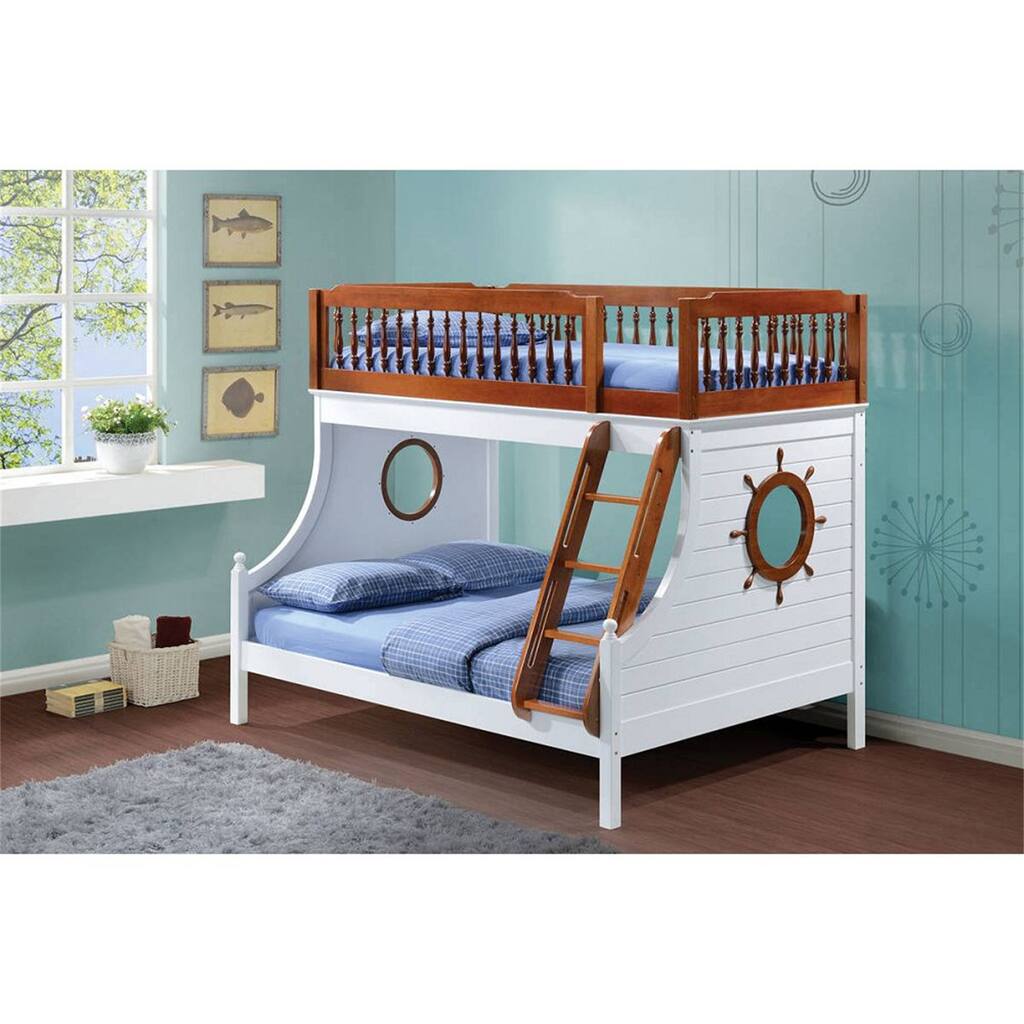 Nautical, Coastal Style Bunk Bed (Twin/Full),Supporting Slat System And Decorative Finials,Oak & White(80" X 58" X 69"H)