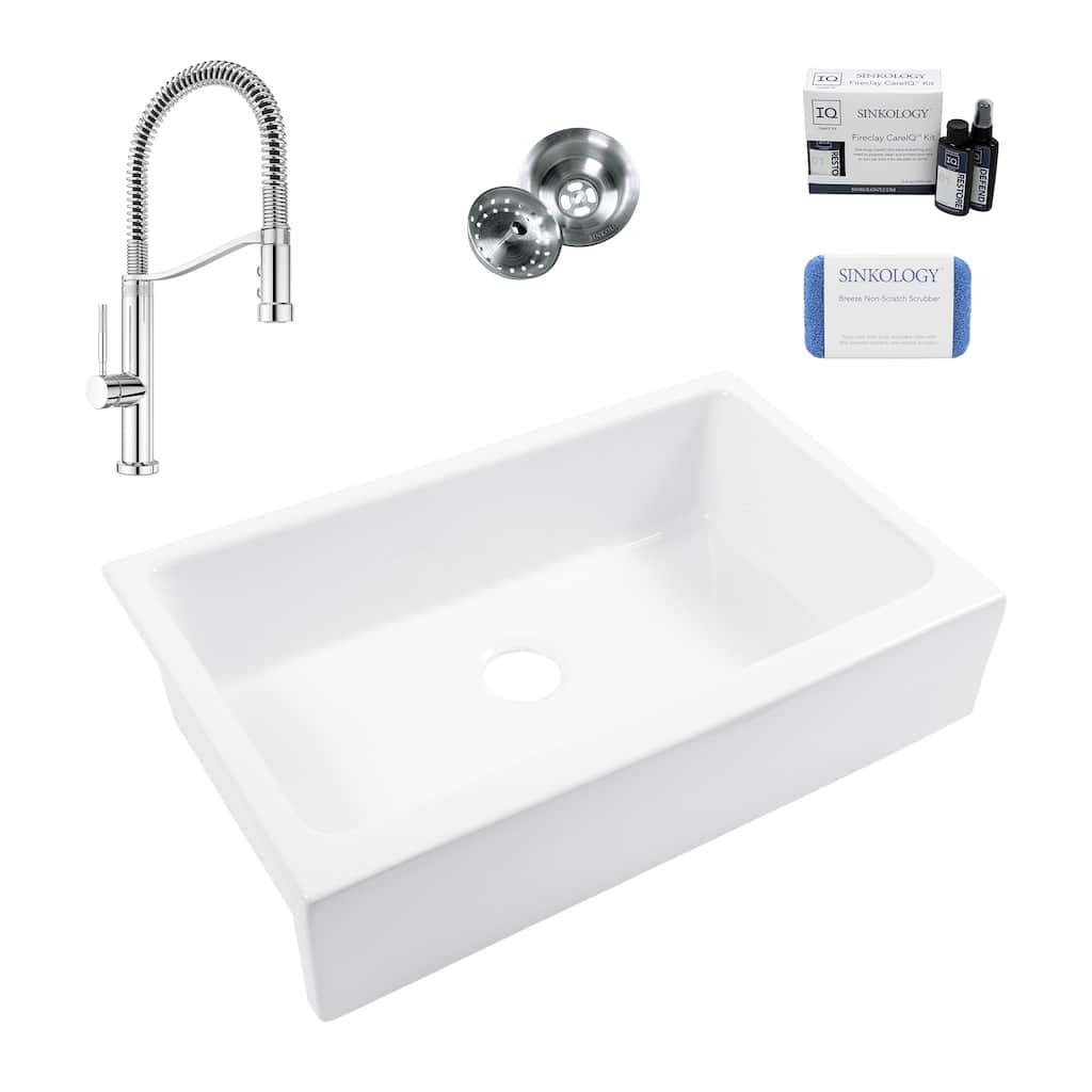 Grace Crisp White Fireclay 34″ Quick-Fit Farmhouse Apron Front Undermount Single Bowl Kitchen Sink with Bruton Chrome Faucet Kit