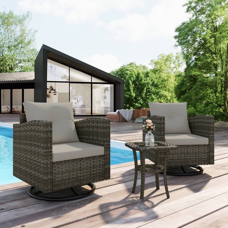 Outdoor Rattan Conversation Swivel Chair Set of 3 with Table