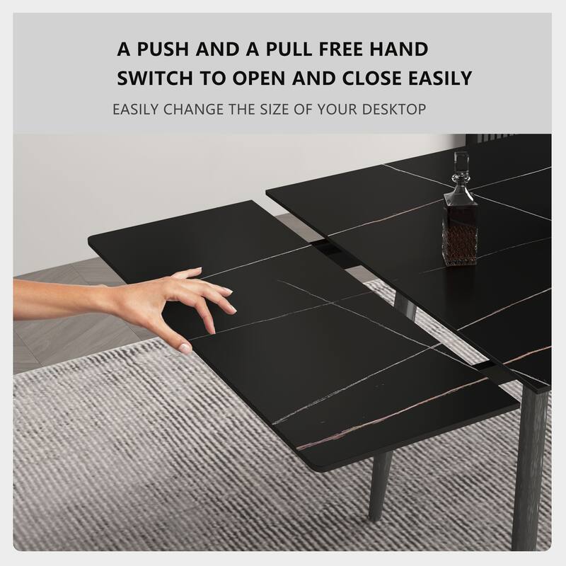 62.9'' to 94.4'' expandable Slate rectangular Glossy White kitchen Stone Top dining table stainless steel legs.