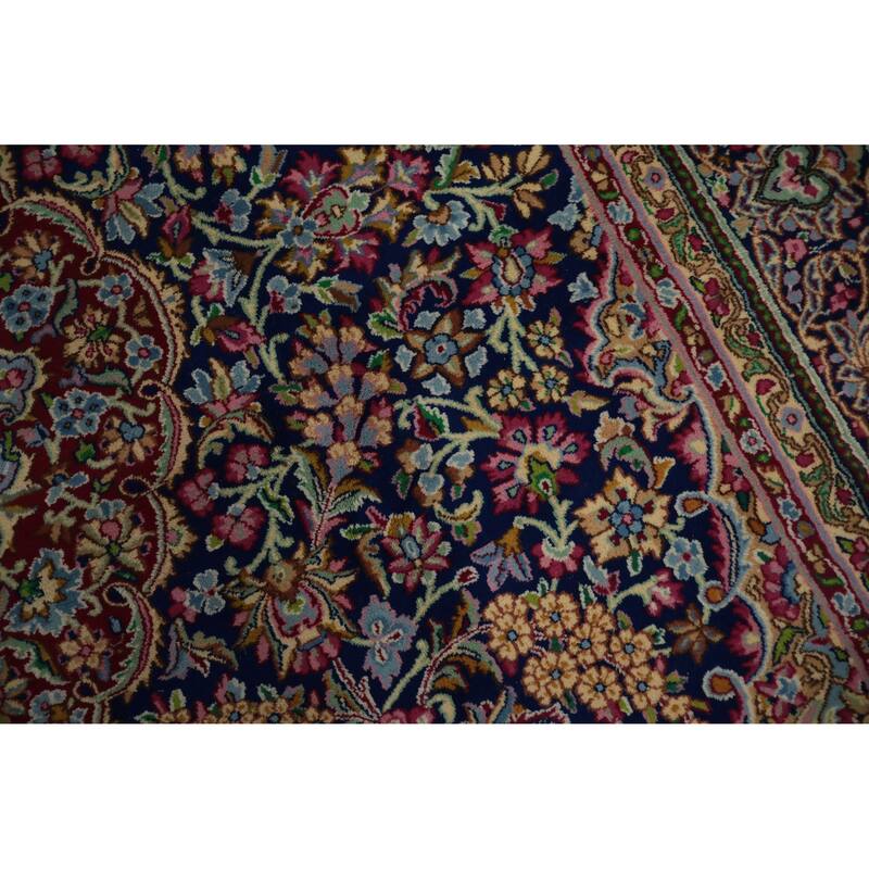 Hand Knotted Oriental 100% Wool Carpet Traditional Floral Navy Blue & Blues Kerman Area Rug - 13' 0'' X 9' 11''